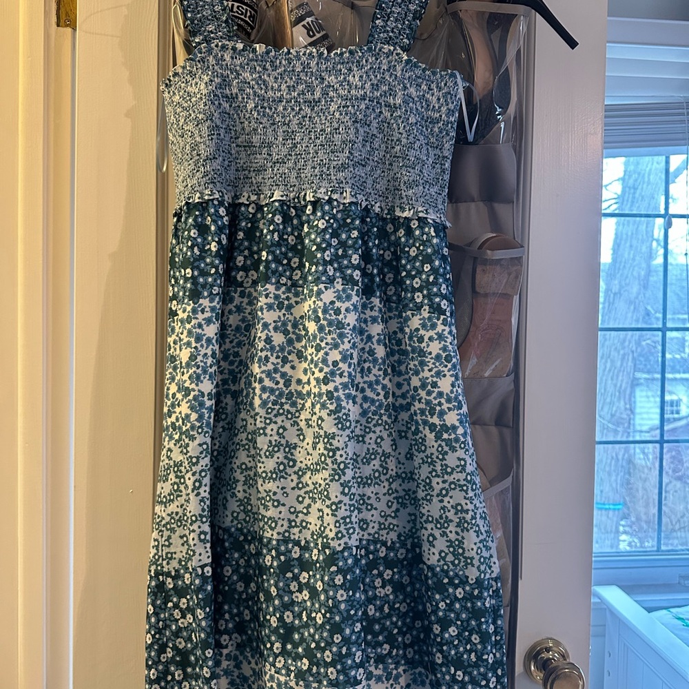 Rails Green and White Floral Smocked Midi Dress with Wide Straps
